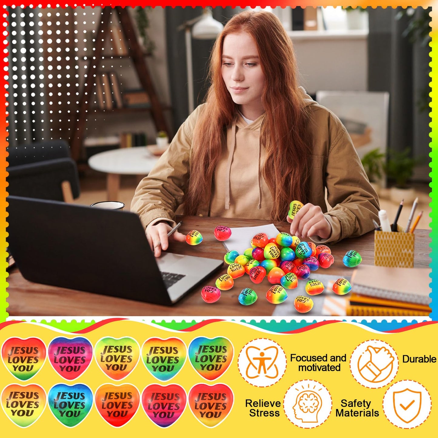 Skylety 48-Set Jesus Loves You Stress Ball & Rubber Bracelet Gift Set with Cards