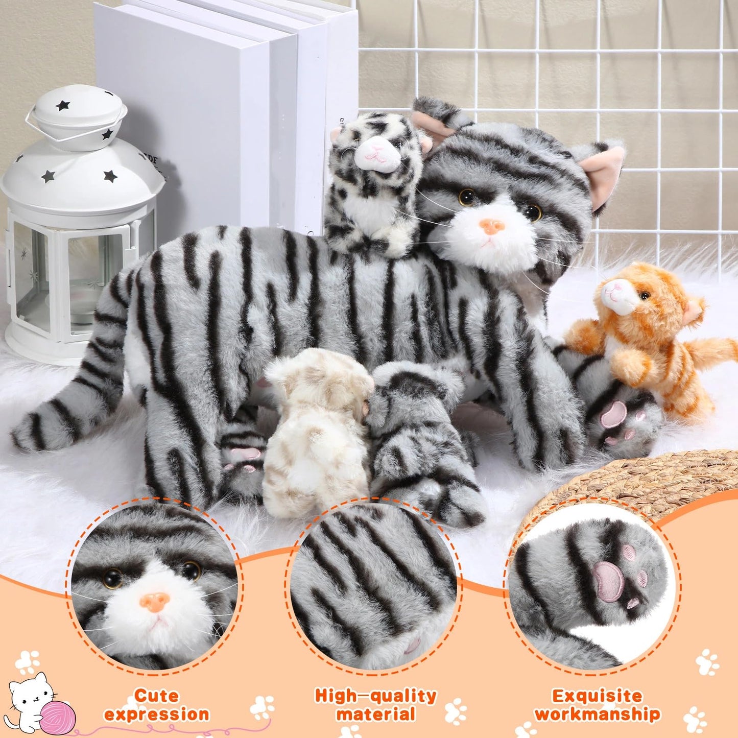 Skylety Nurturing Cat Stuffed Animal Set – Mommy Cat (16in) + 4 Kittens (5in) Plush Toys