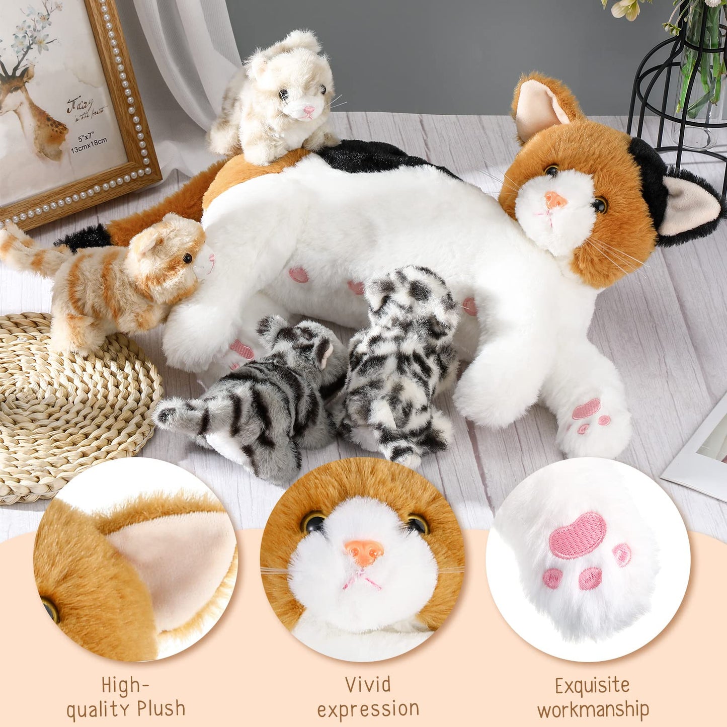 Skylety Nurturing Cat Stuffed Animal Set – Mommy Cat with 4 Plush Kittens