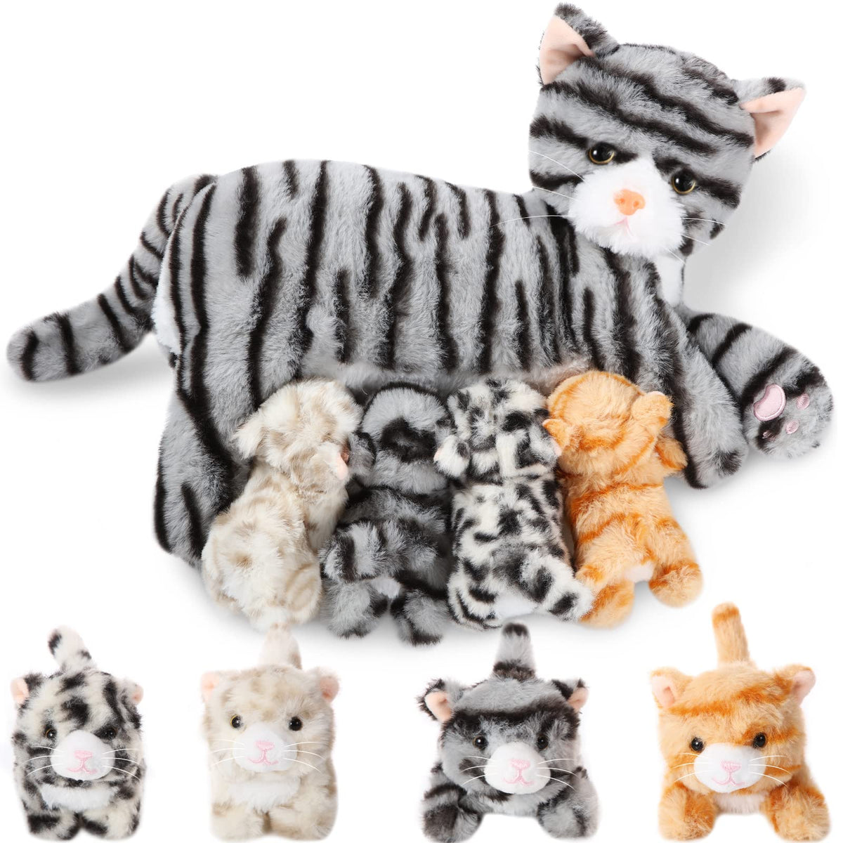 Skylety Nurturing Cat Stuffed Animal Set – Mommy Cat (16in) + 4 Kittens (5in) Plush Toys