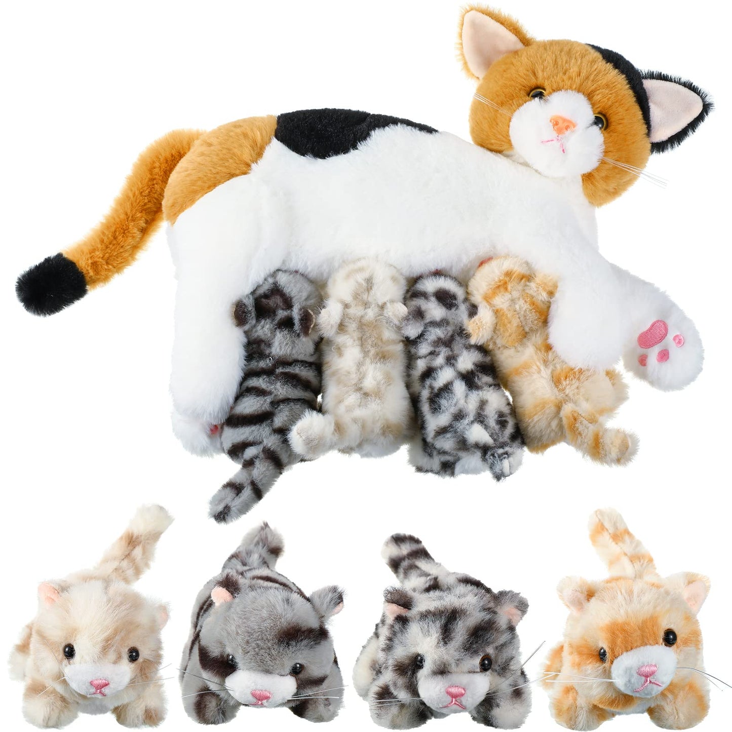 Skylety Nurturing Cat Stuffed Animal Set – Mommy Cat with 4 Plush Kittens