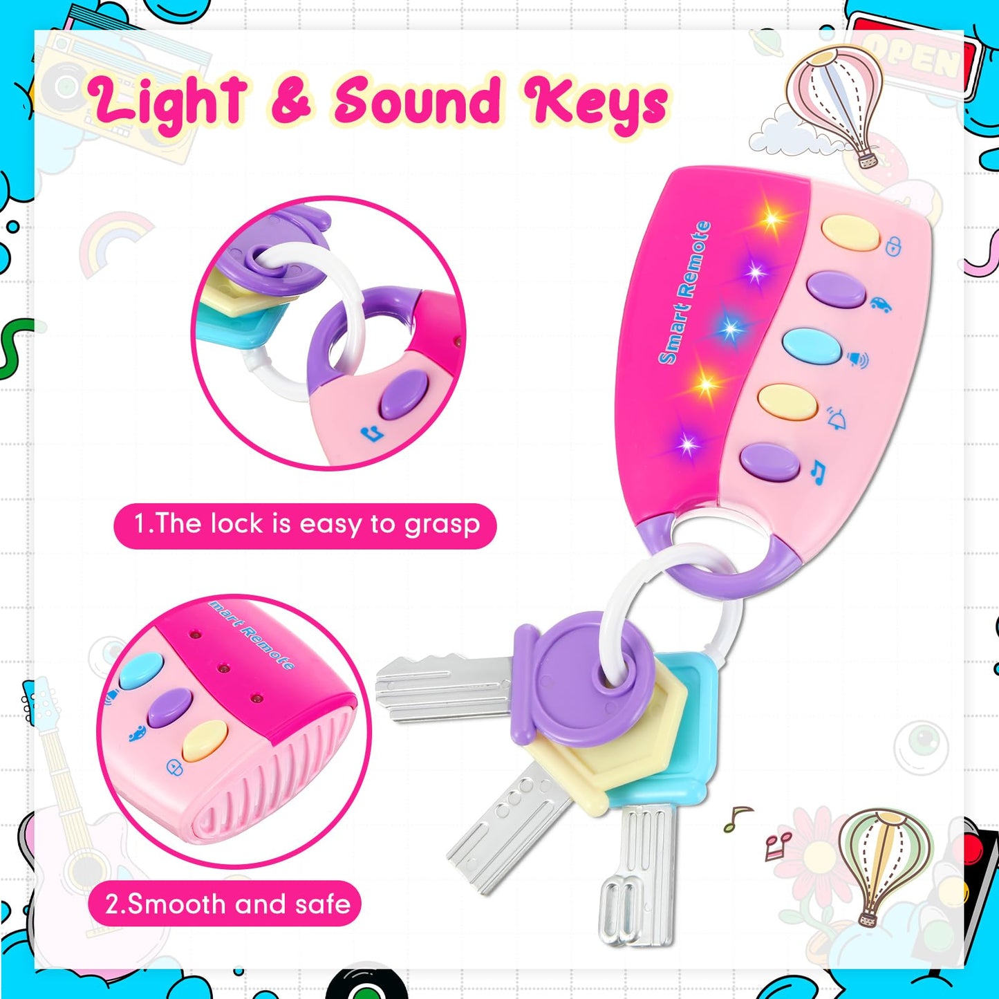 Skylety Musical Smart Remote Car Key Toy – Pink | Lights, Sounds & Learning