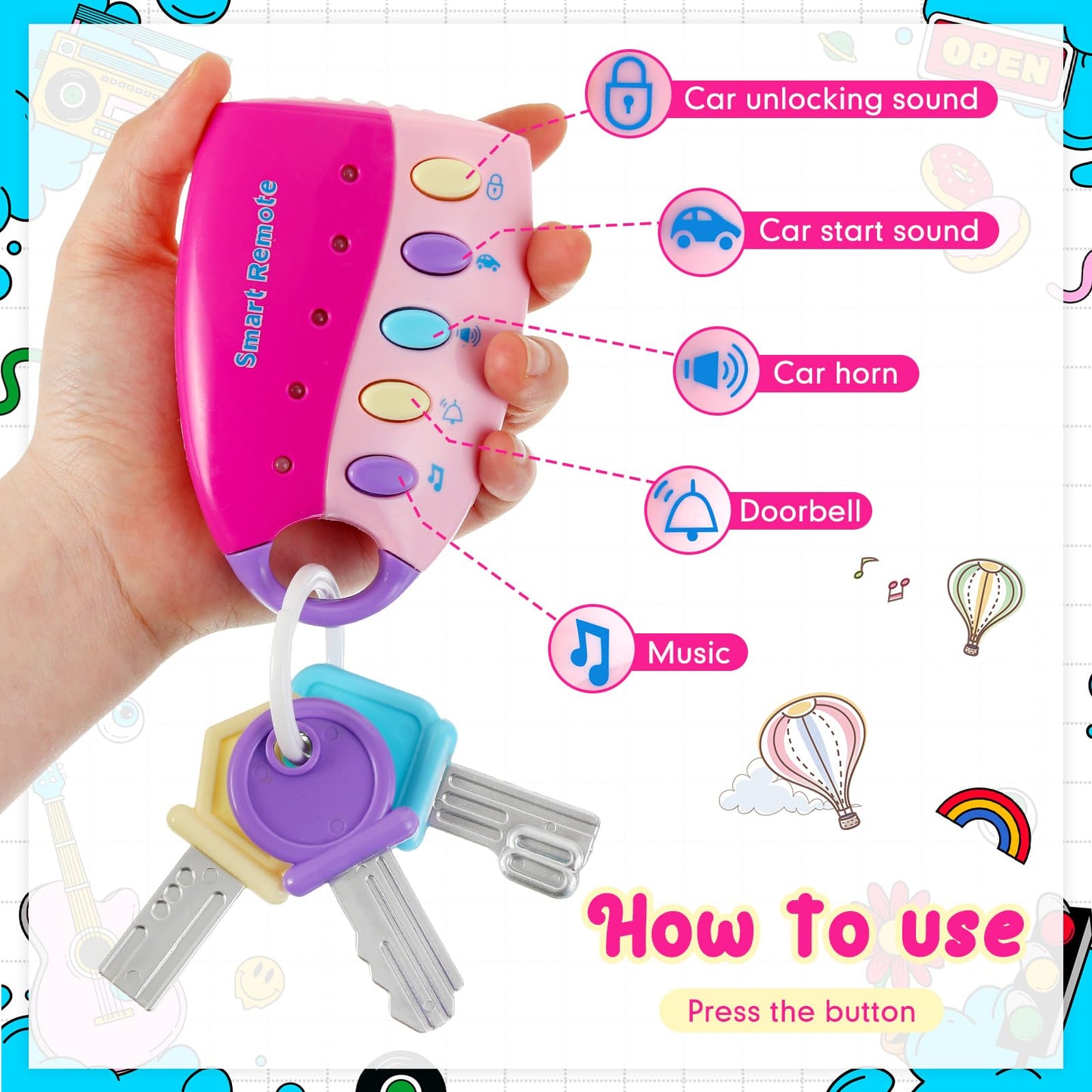 Skylety Musical Smart Remote Car Key Toy – Pink | Lights, Sounds & Learning