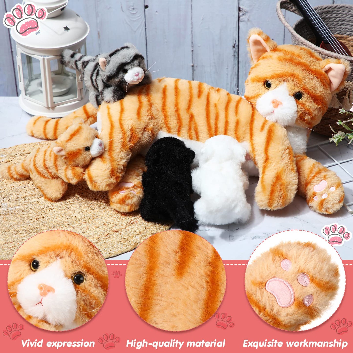 Skylety Nurturing Cat Stuffed Animal Set – Mommy Cat with 4 Kittens (16in + 5in) Plush Toys