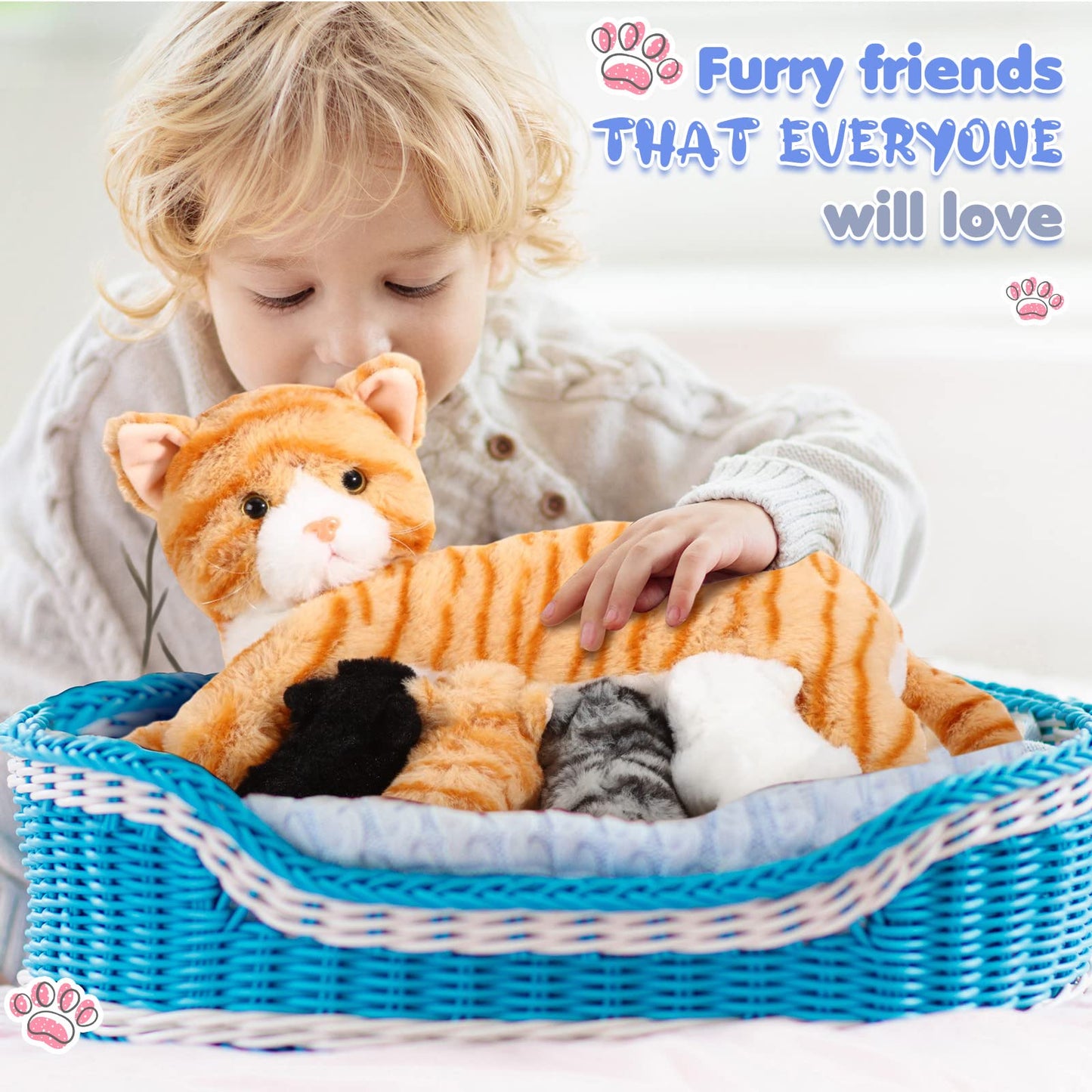 Skylety Nurturing Cat Stuffed Animal Set – Mommy Cat with 4 Kittens (16in + 5in) Plush Toys