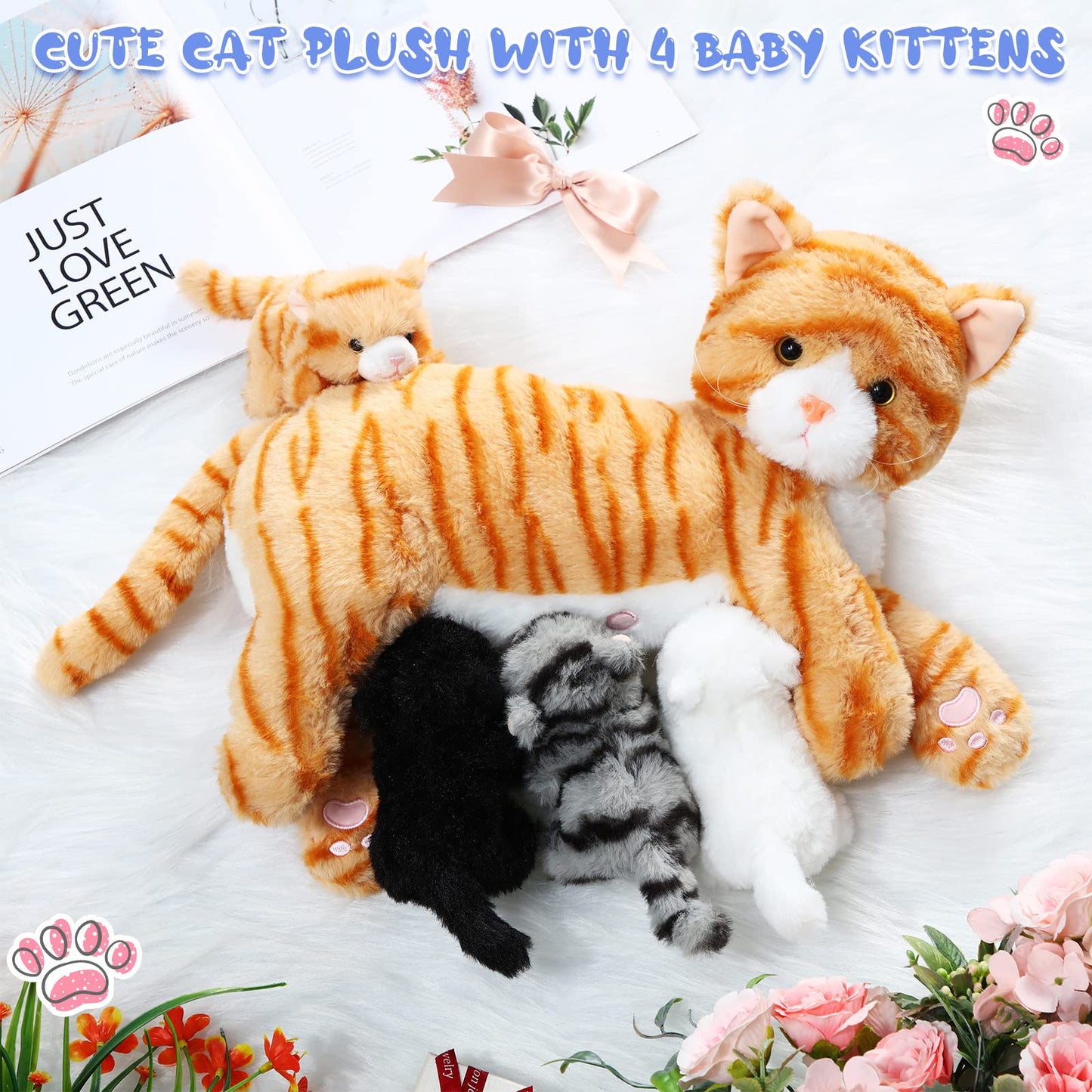 Skylety Nurturing Cat Stuffed Animal Set – Mommy Cat with 4 Kittens (16in + 5in) Plush Toys