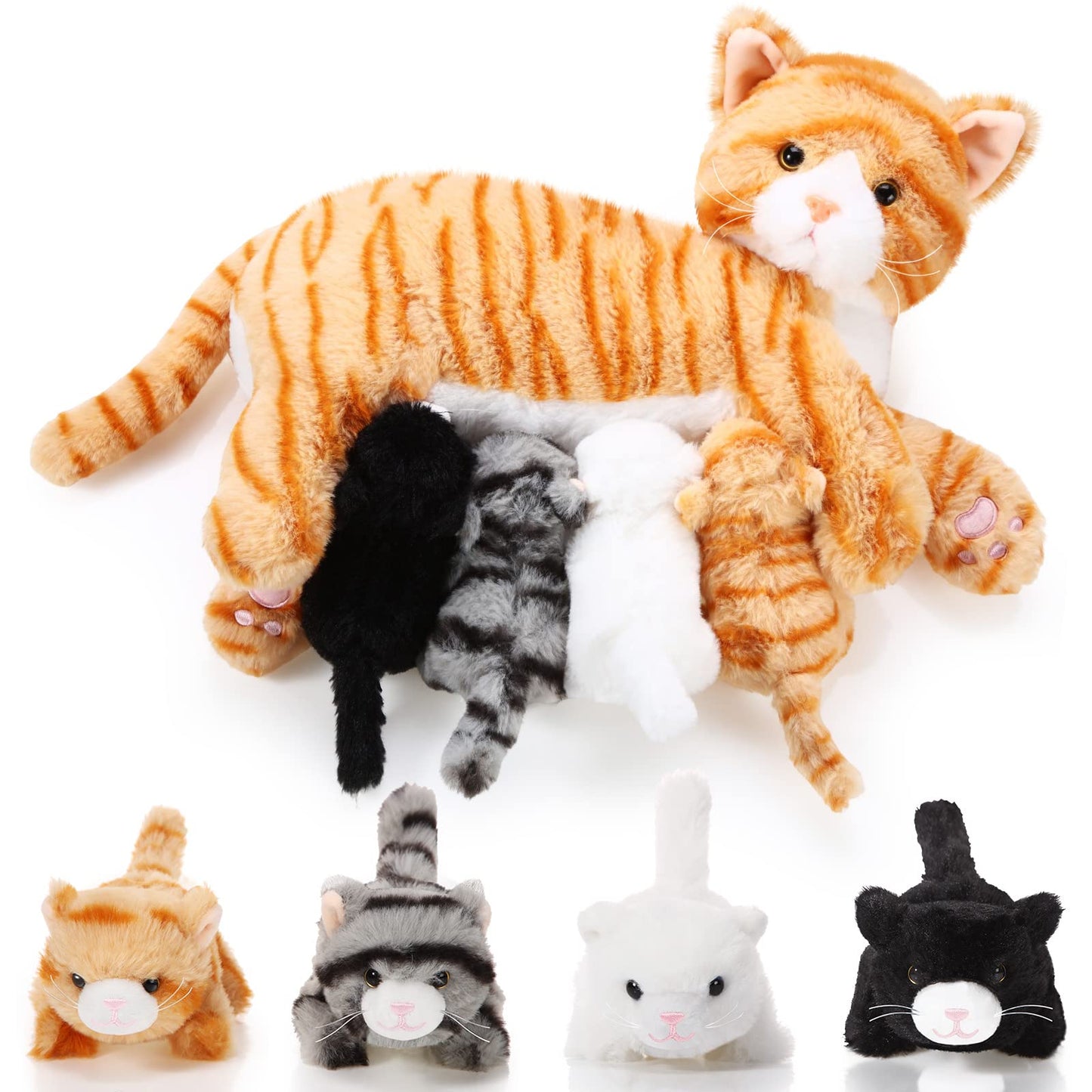 Skylety Nurturing Cat Stuffed Animal Set – Mommy Cat with 4 Kittens (16in + 5in) Plush Toys