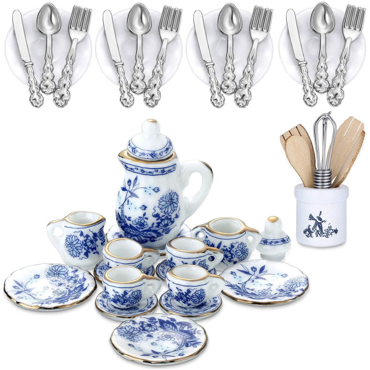 Skylety 37-Piece Dollhouse Kitchen Accessories – Plates, Utensils & Blue Porcelain Tea Cup Set (1:12 Scale)