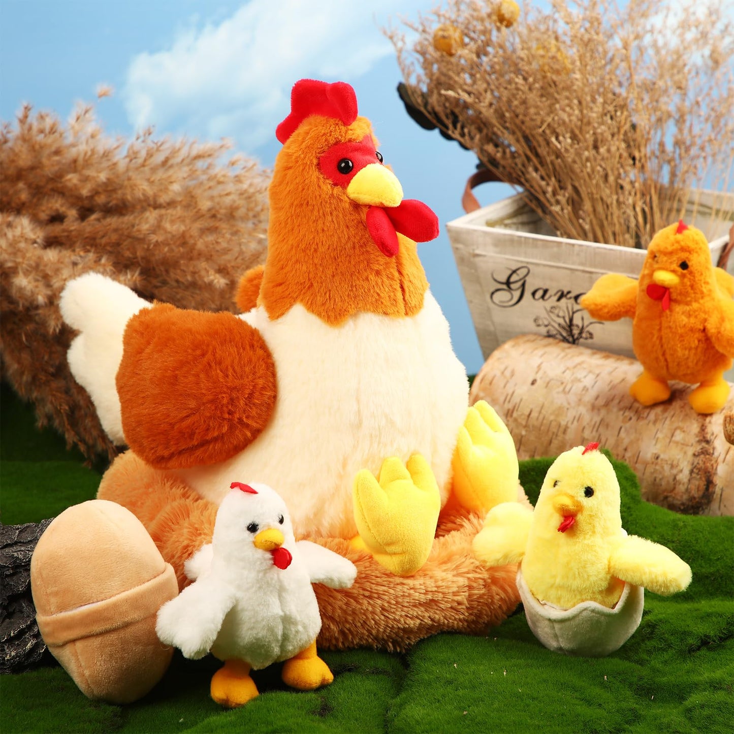 Skylety 6-Piece Chicken Plush Set with Baby Chicks Inside – Egg-Laying Hen Stuffed Animals
