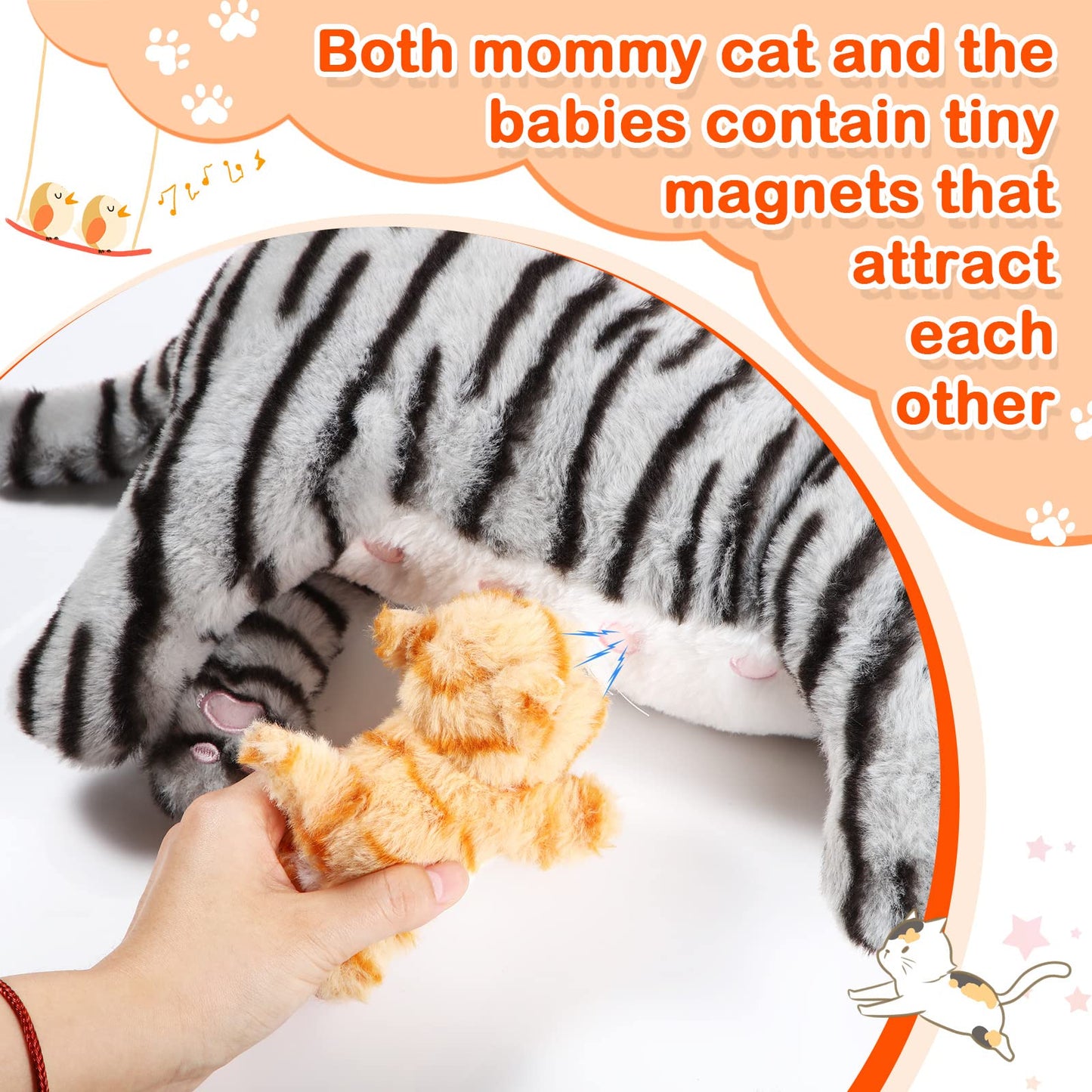 Skylety Nurturing Cat Stuffed Animal Set – Mommy Cat (16in) + 4 Kittens (5in) Plush Toys