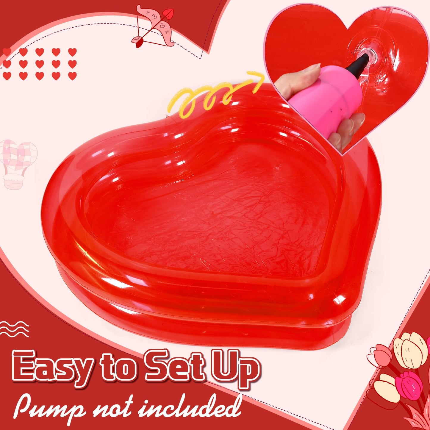 Skylety Giant Heart Inflatable Pool – Pink, 180x165x40 cm, Fits 2-3 Adults, Patches Included