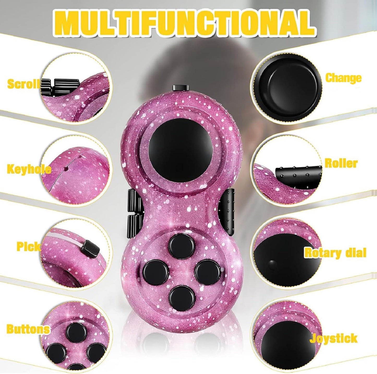 Skylety 2 Pcs Fidget Toys for Adults – Starry Purple & Black Fidget Pad with Joystick, Buttons & Spin Dial