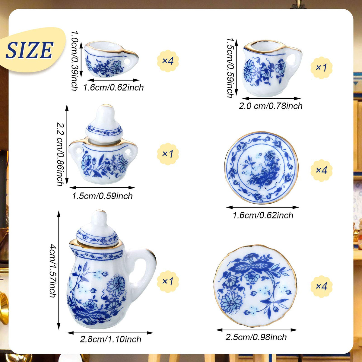 Skylety 37-Piece Dollhouse Kitchen Accessories – Plates, Utensils & Blue Porcelain Tea Cup Set (1:12 Scale)