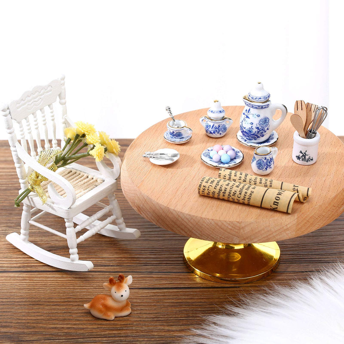 Skylety 37-Piece Dollhouse Kitchen Accessories – Plates, Utensils & Blue Porcelain Tea Cup Set (1:12 Scale)
