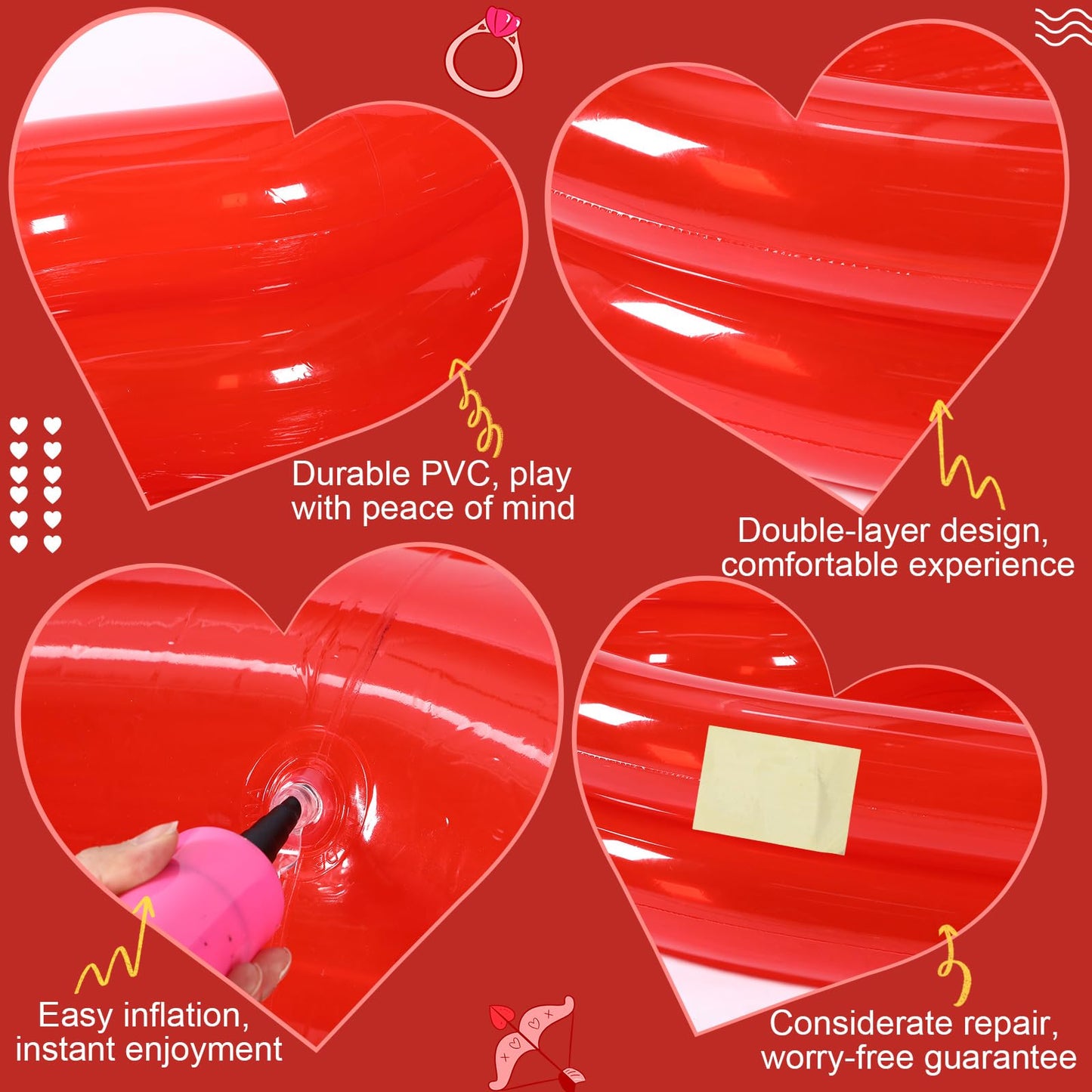 Skylety Giant Heart Inflatable Pool – Pink, 180x165x40 cm, Fits 2-3 Adults, Patches Included