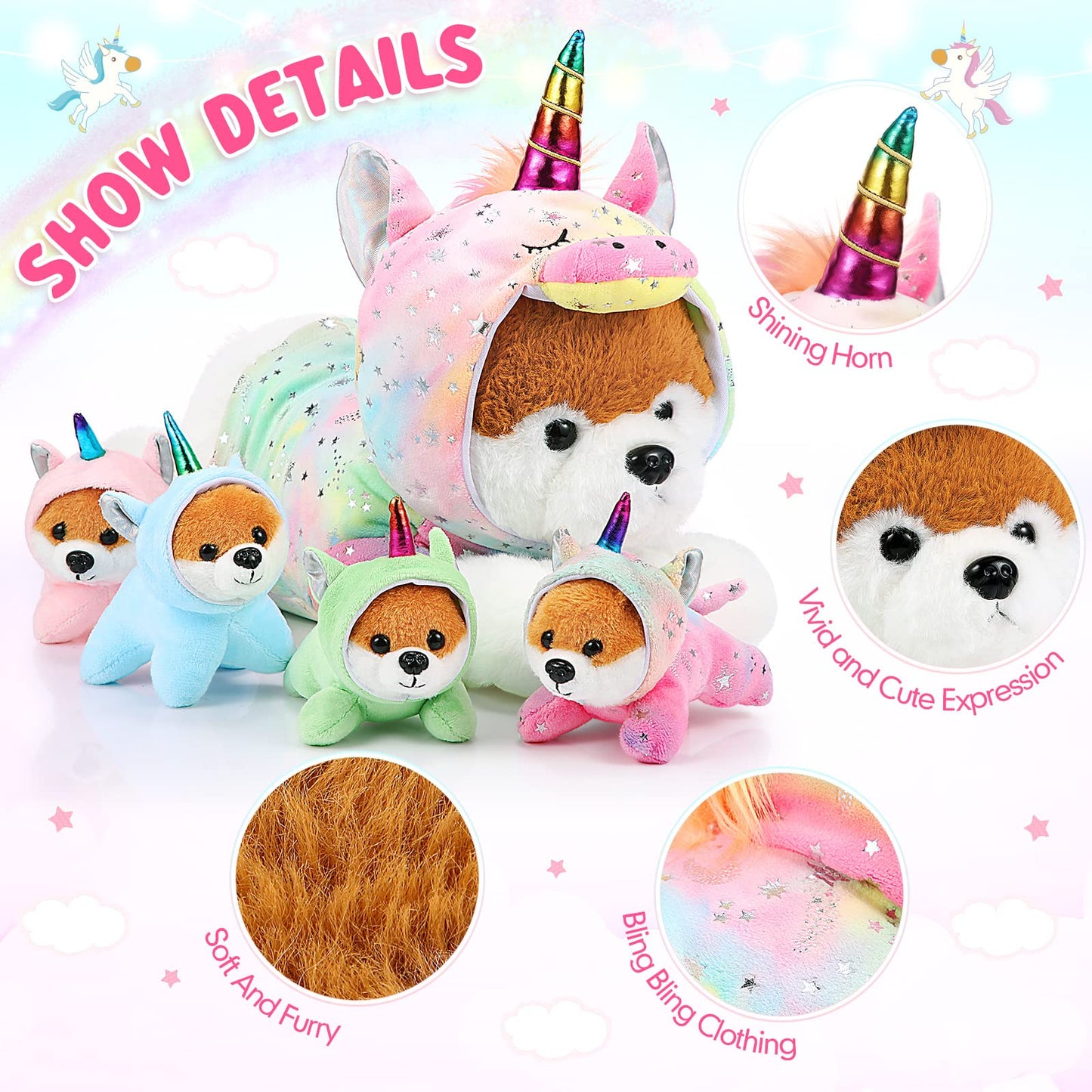 Skylety Unicorn Puppy Plush Set — 1 Mama + 4 Baby Pups, Soft Toys for Kids