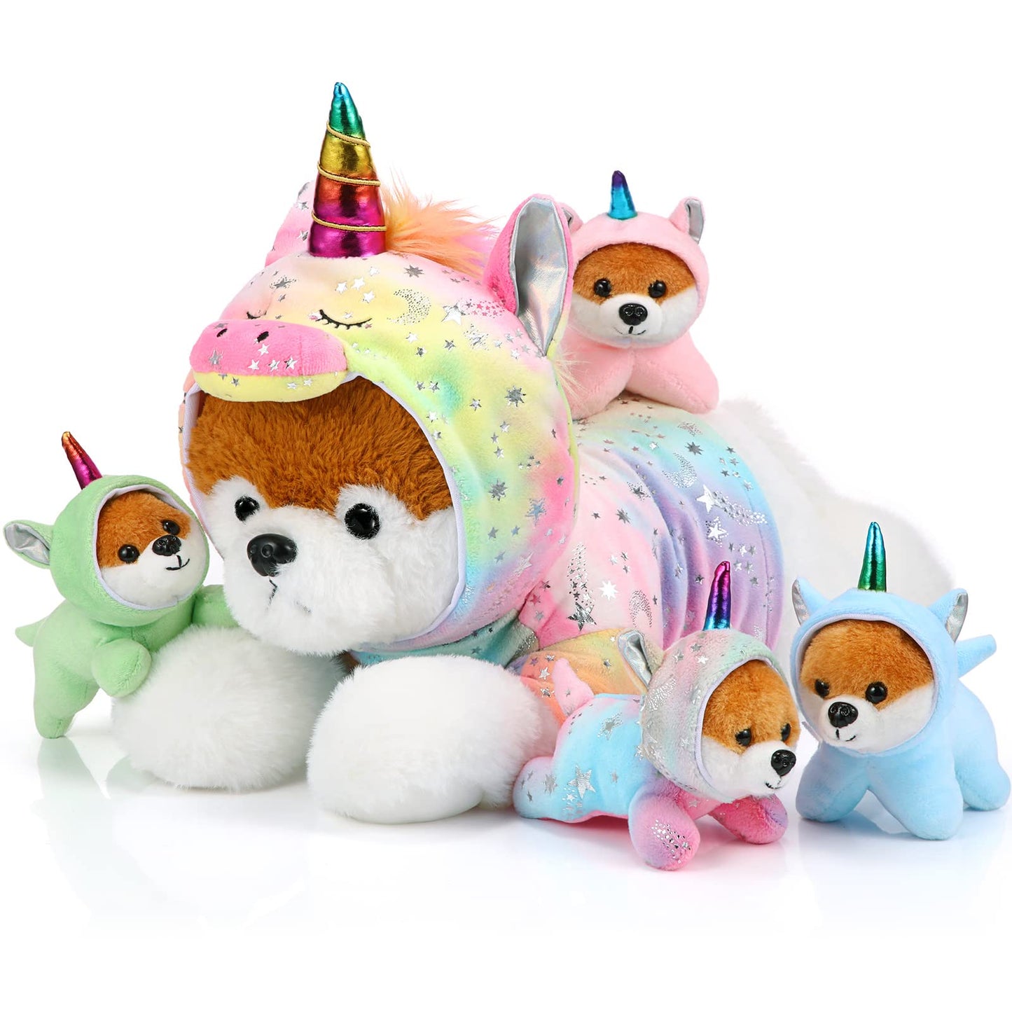 Skylety Unicorn Puppy Plush Set — 1 Mama + 4 Baby Pups, Soft Toys for Kids
