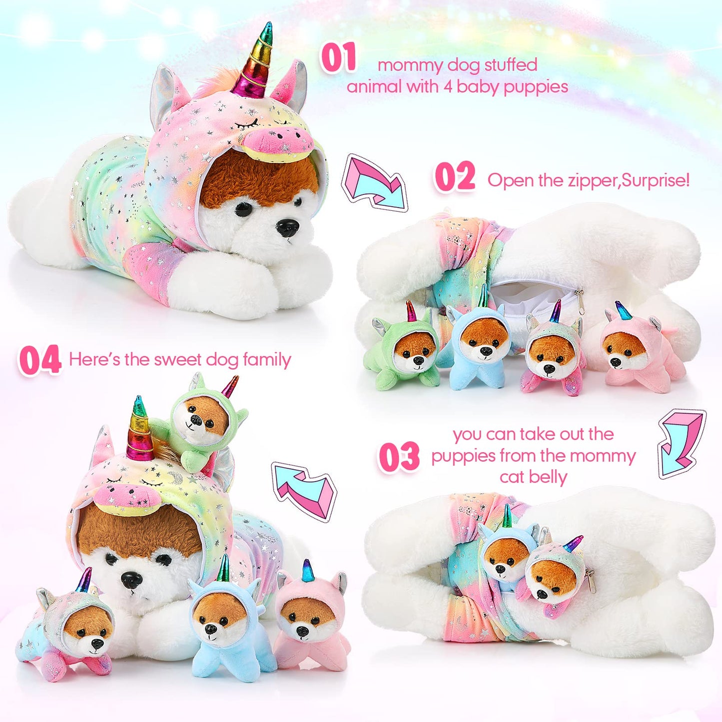 Skylety Unicorn Puppy Plush Set — 1 Mama + 4 Baby Pups, Soft Toys for Kids