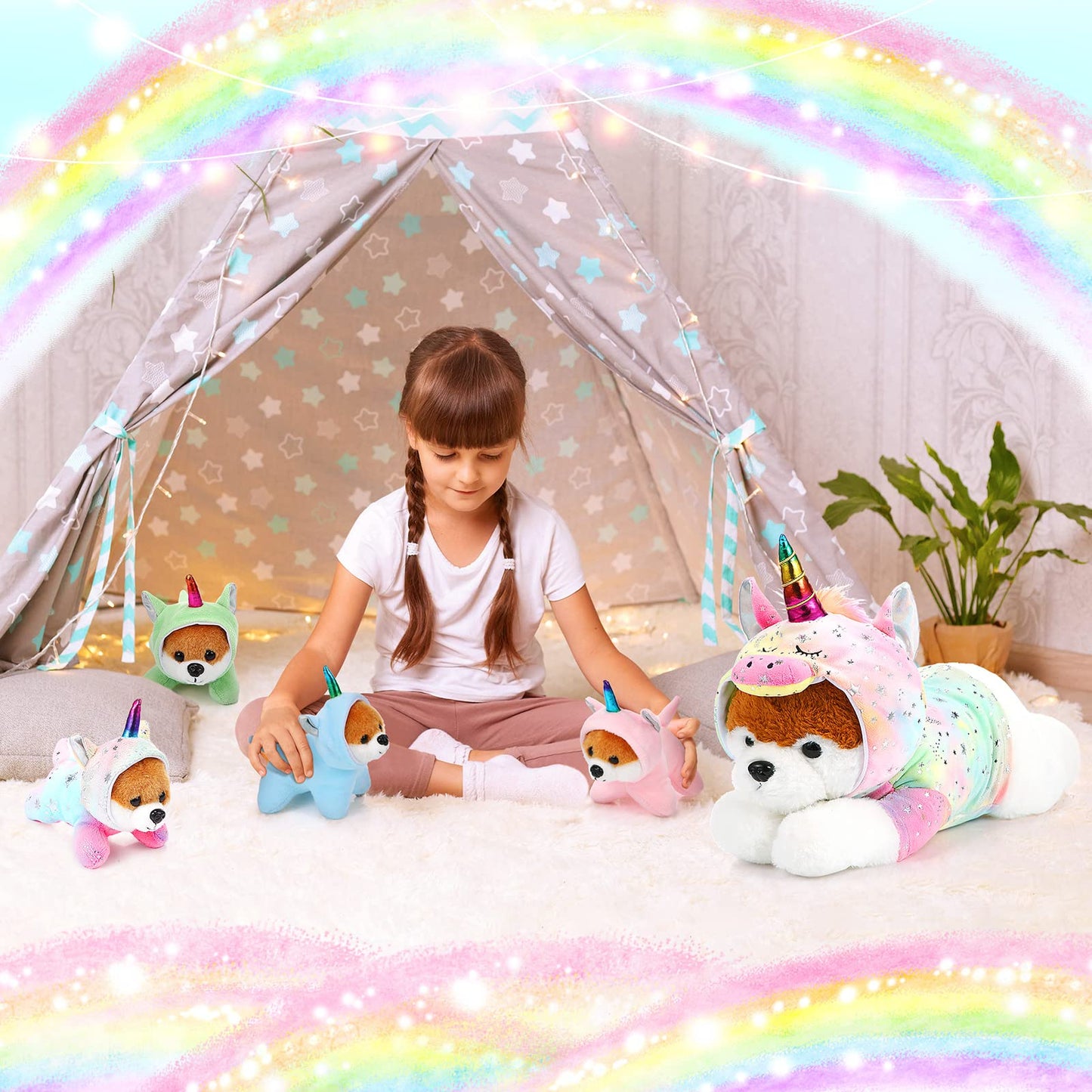 Skylety Unicorn Puppy Plush Set — 1 Mama + 4 Baby Pups, Soft Toys for Kids