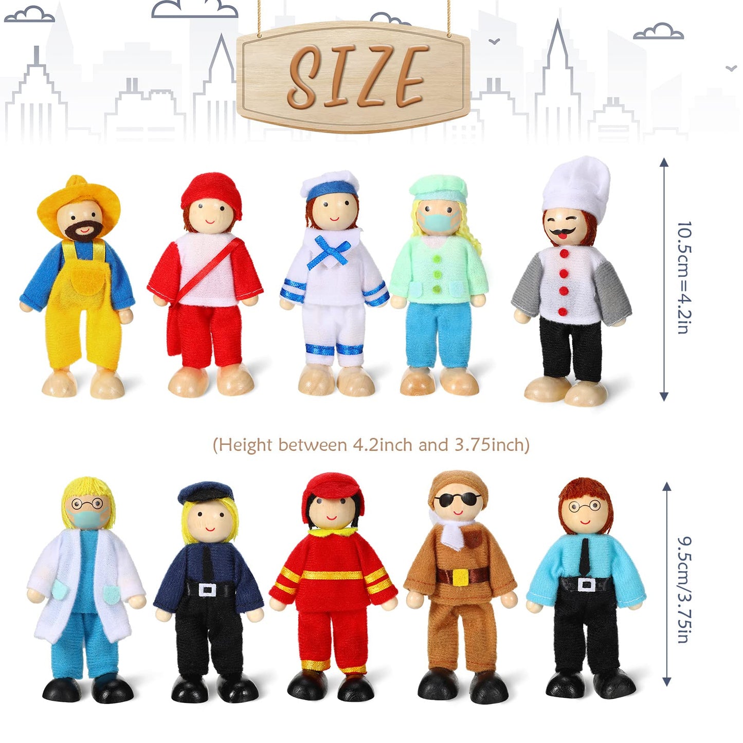 Skylety 10 Pcs Wooden Dollhouse Family Set – Moveable Mini Figures for Creative Play