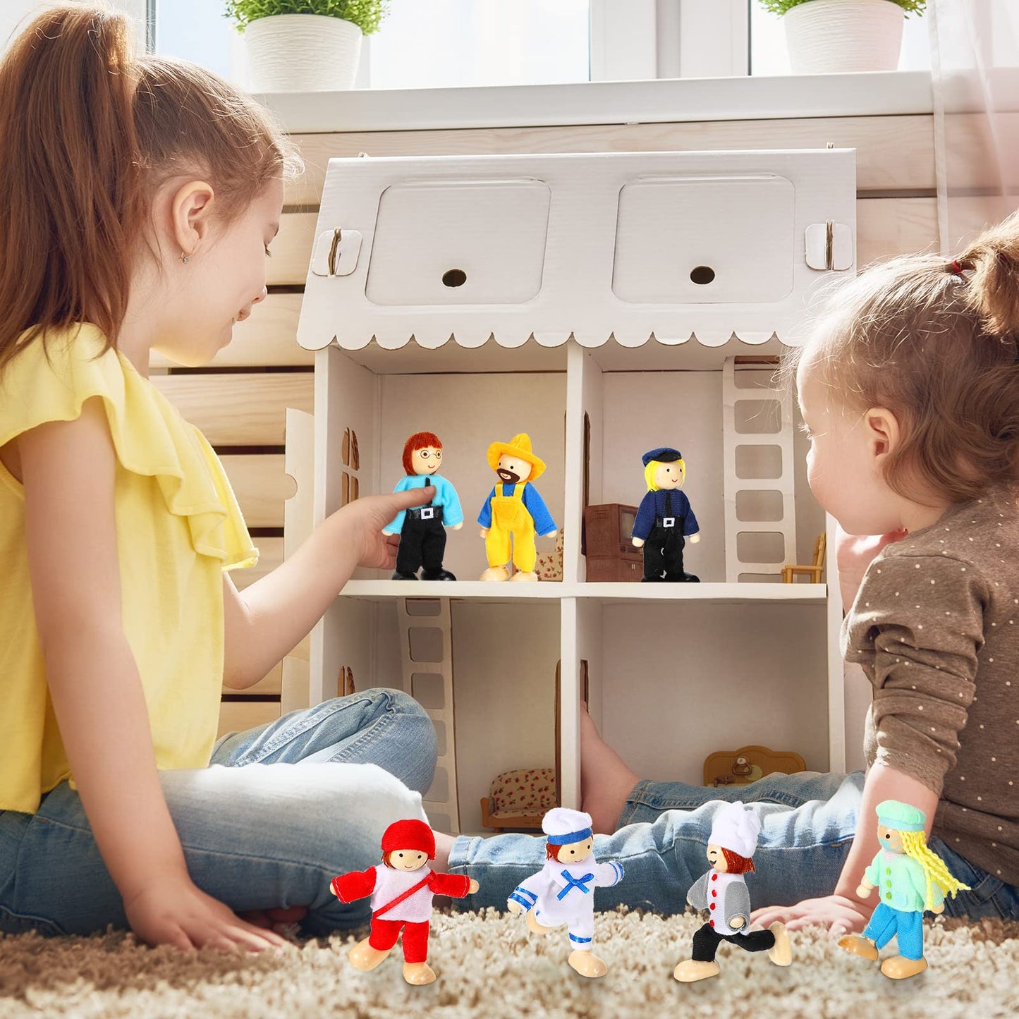 Skylety 10 Pcs Wooden Dollhouse Family Set – Moveable Mini Figures for Creative Play