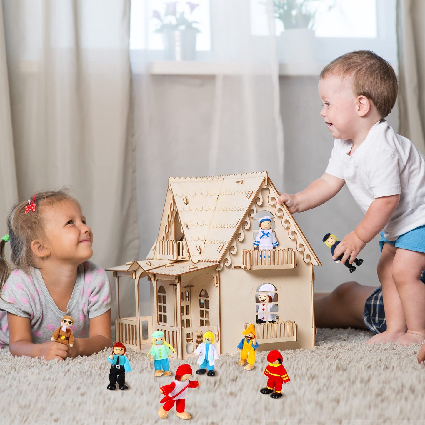 Skylety 10 Pcs Wooden Dollhouse Family Set – Moveable Mini Figures for Creative Play