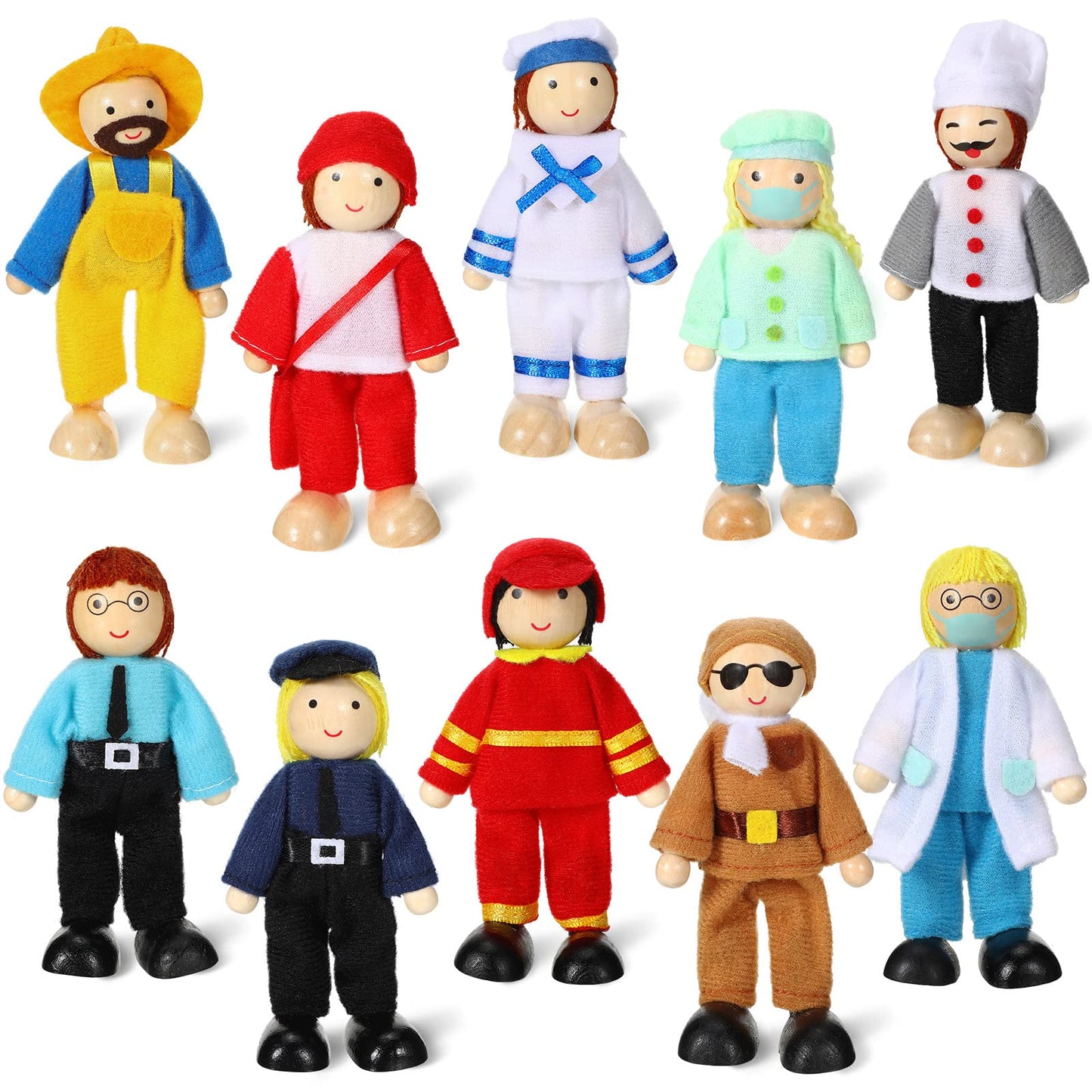 Skylety 10 Pcs Wooden Dollhouse Family Set – Moveable Mini Figures for Creative Play