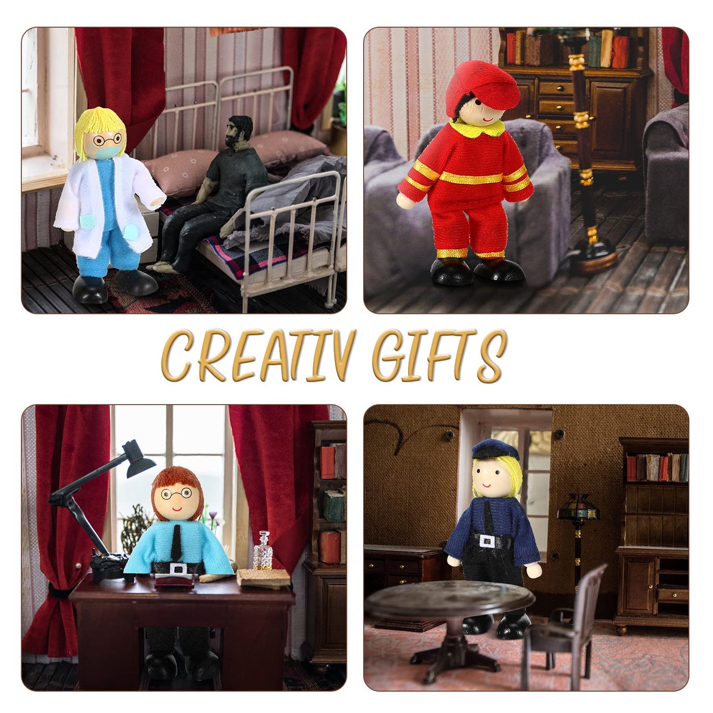 Skylety 10 Pcs Wooden Dollhouse Family Set – Moveable Mini Figures for Creative Play