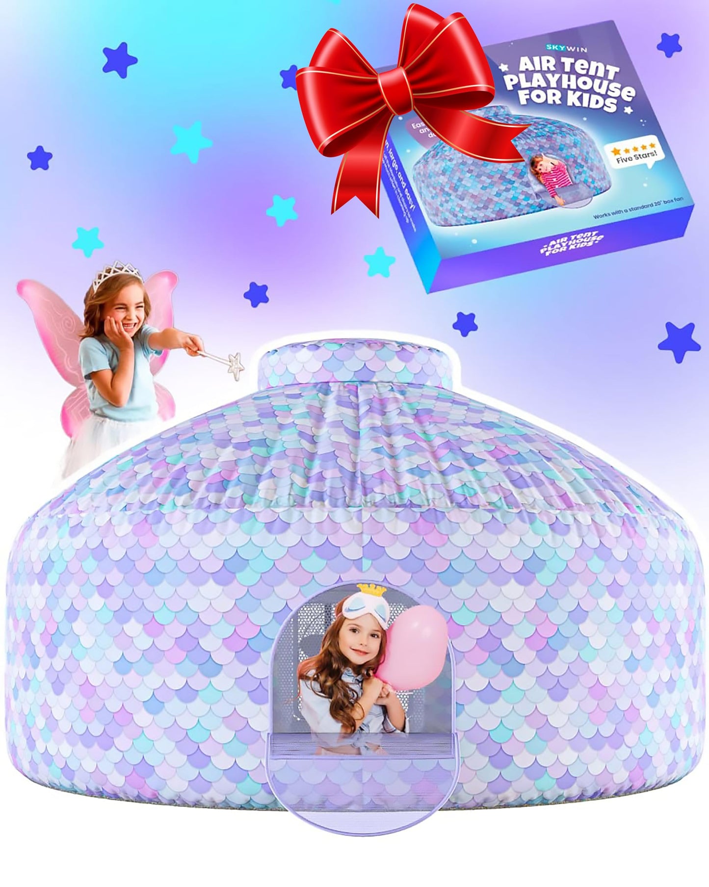 Skywin Mermaid Magic Fort Air Tent for Kids — 77 x 50 in, 30-Second Setup