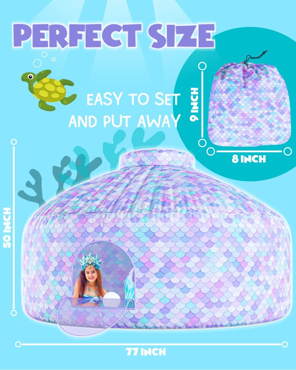 Skywin Mermaid Magic Fort Air Tent for Kids — 77 x 50 in, 30-Second Setup