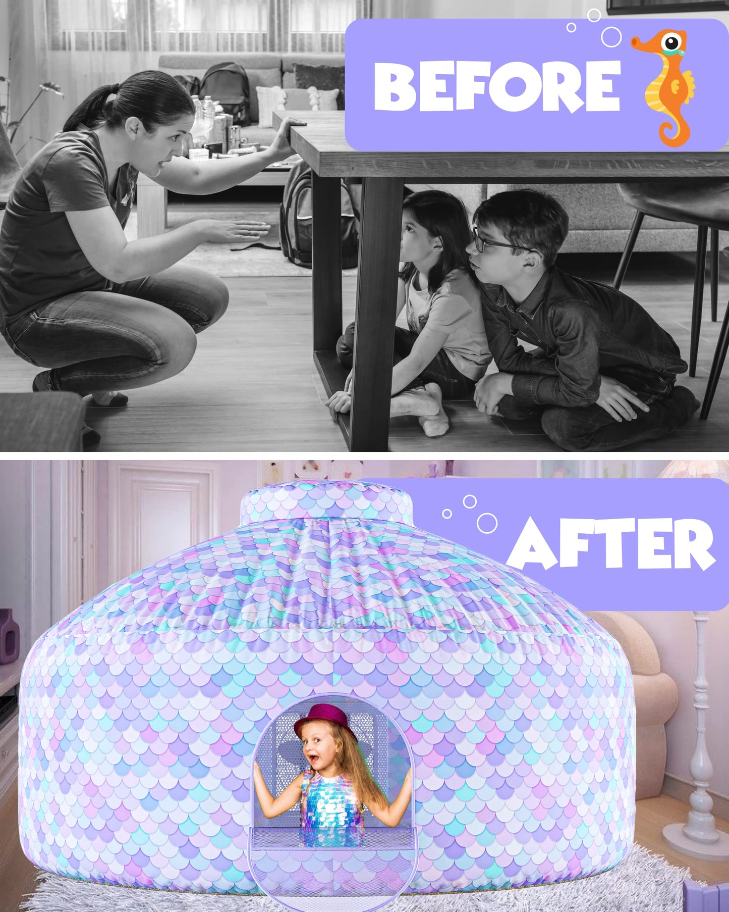 Skywin Mermaid Magic Fort Air Tent for Kids — 77 x 50 in, 30-Second Setup