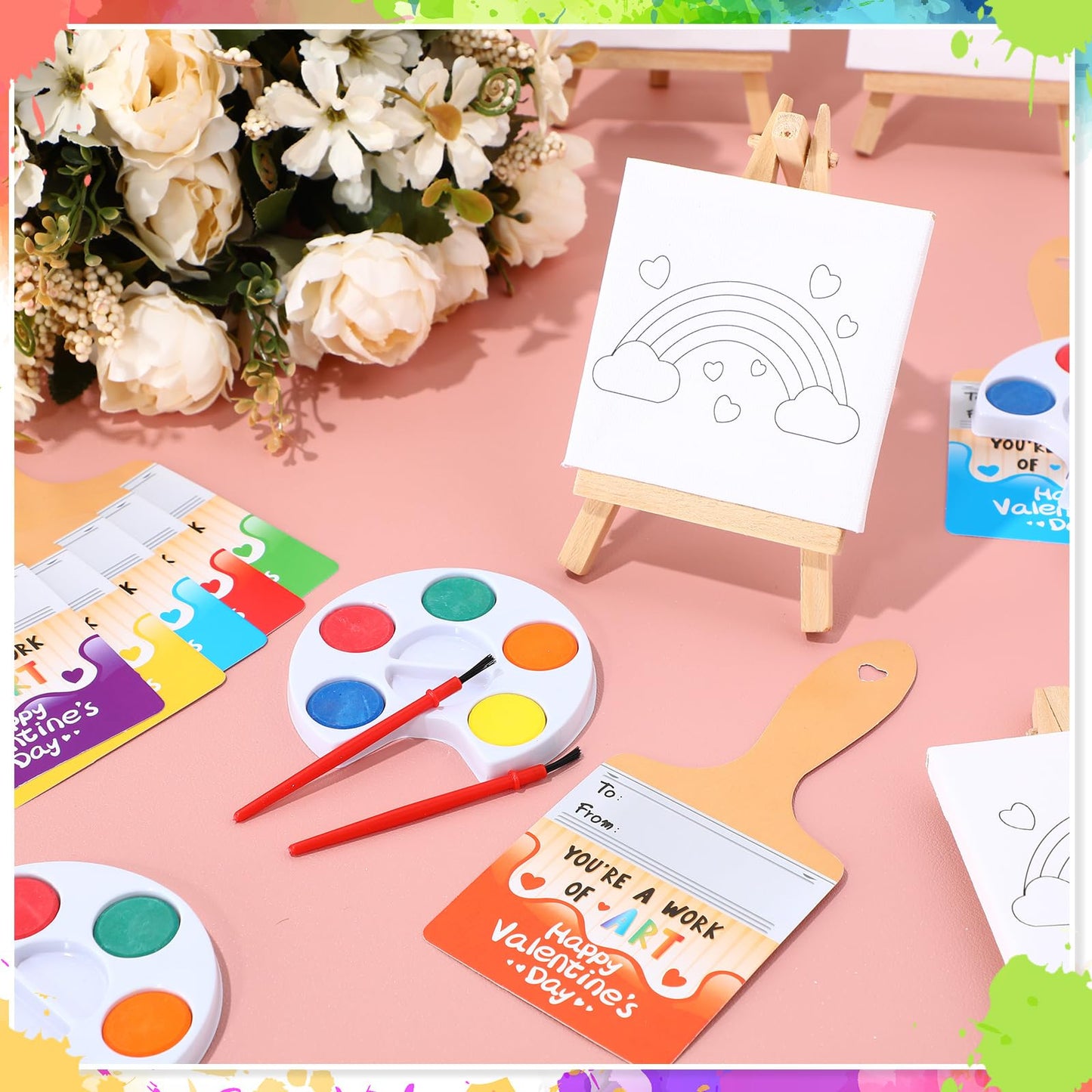 Skyygemm 24-Piece Kids Valentine Art Gift Set | Mini Canvas, Easel & Watercolors