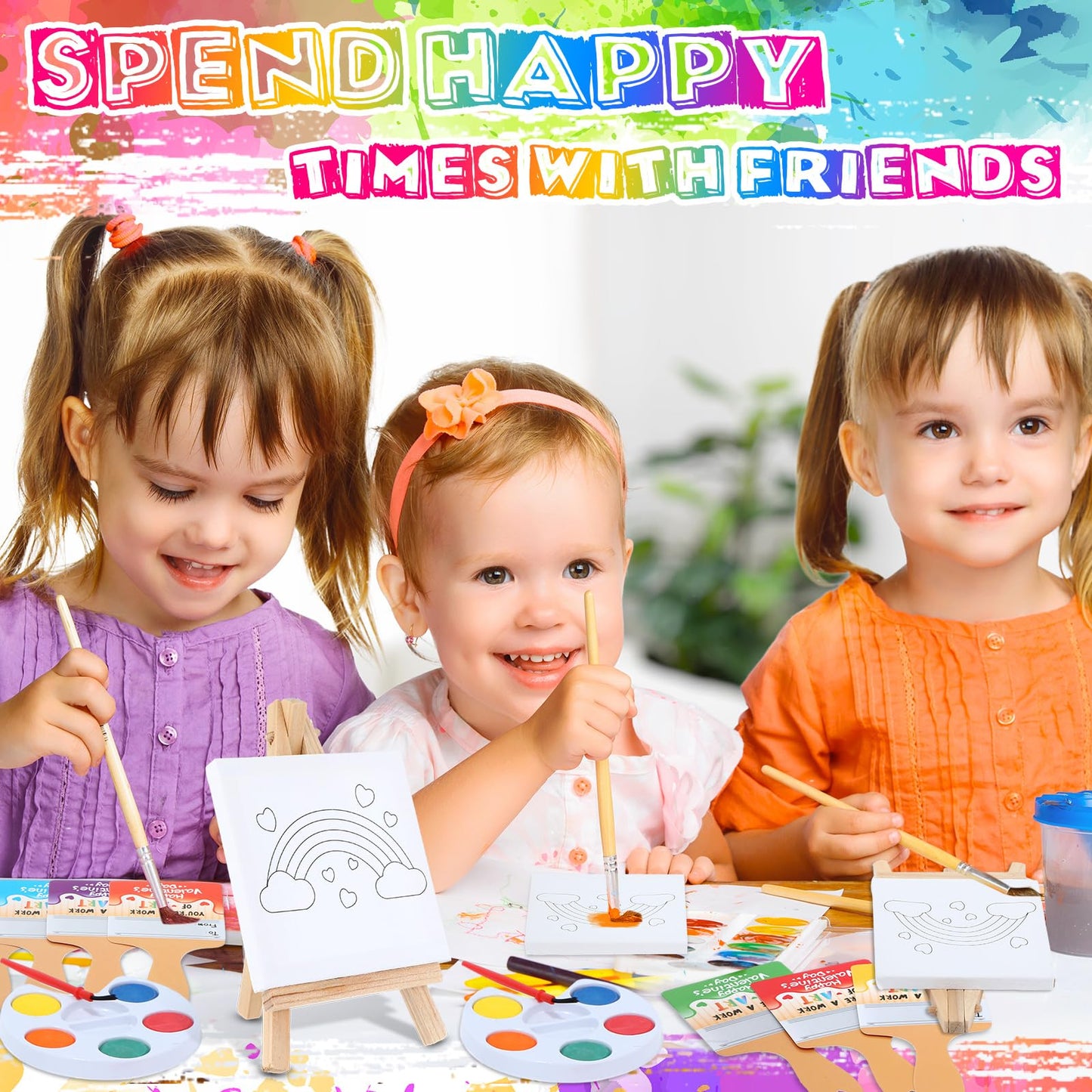 Skyygemm 24-Piece Kids Valentine Art Gift Set | Mini Canvas, Easel & Watercolors