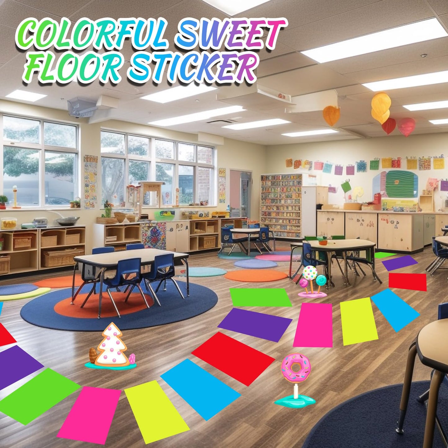 Skyygemm Colorful PVC Floor Stickers Candy Donut Theme Runway Rug 30 Pcs (19.7 x 13.8 in)