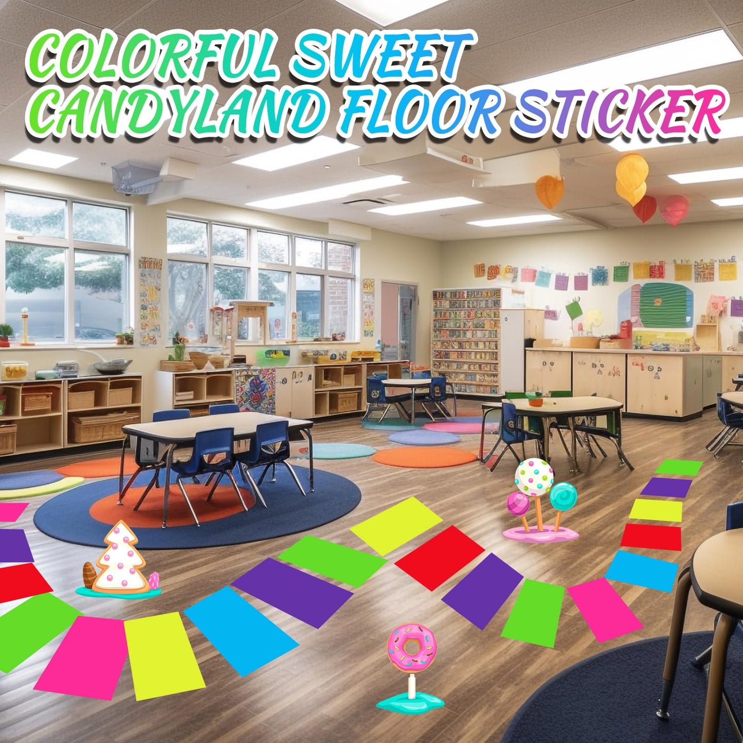Skyygemm Colorful Candy Donut Floor Stickers – 120 PVC Runway Floor Decals for Hallways and Parties (16.1 x 10.2 in)