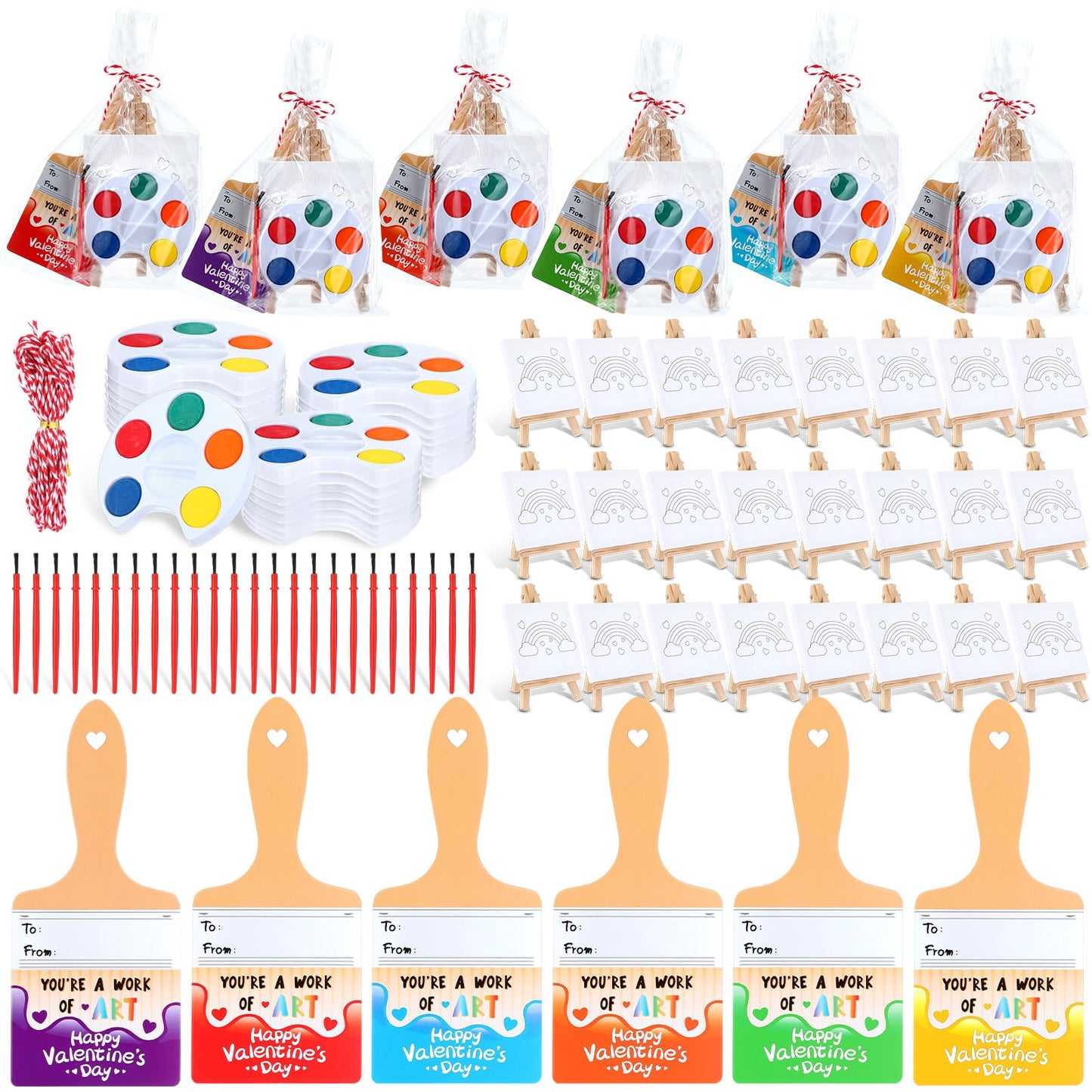 Skyygemm 24-Piece Kids Valentine Art Gift Set | Mini Canvas, Easel & Watercolors