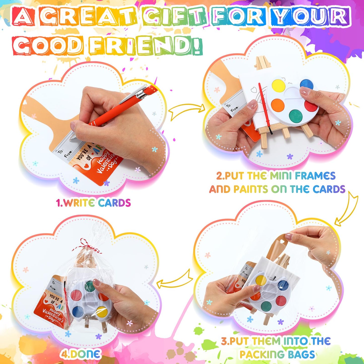 Skyygemm 24-Piece Kids Valentine Art Gift Set | Mini Canvas, Easel & Watercolors