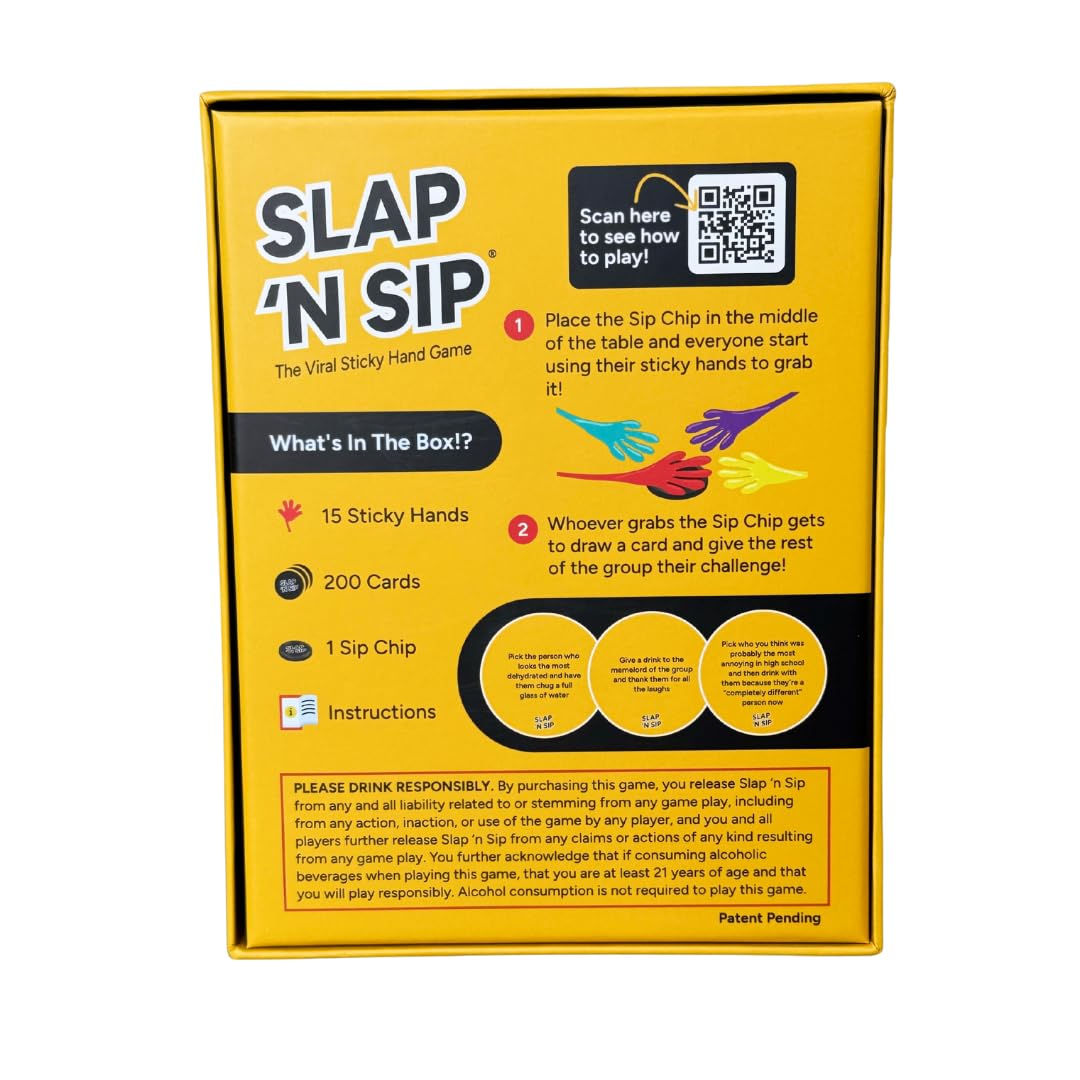 Slap N Sip – A Hilarious Sticky-Hand Drinking Game for Adults | 200 Cards, Sip Chip & 15 Hands