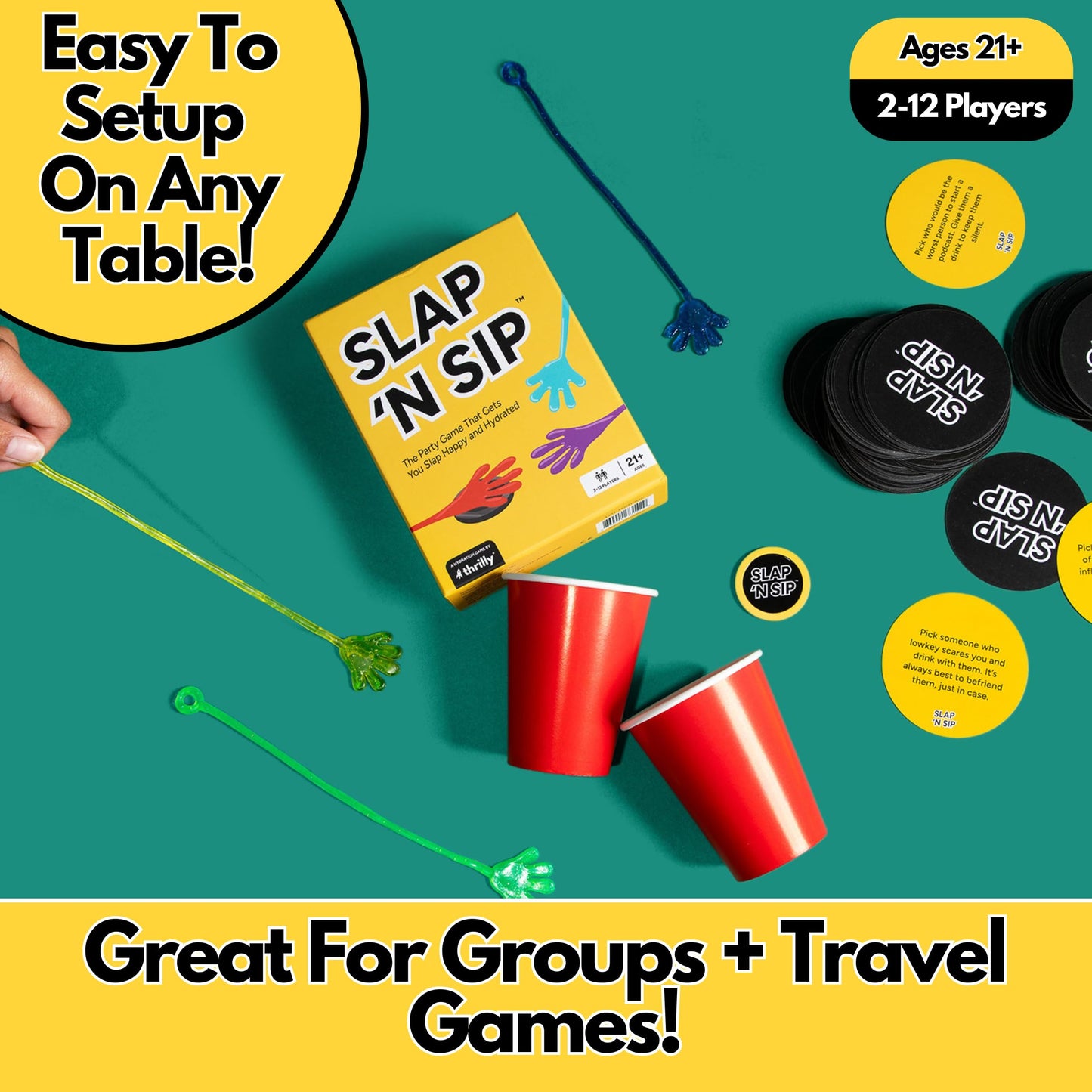 Slap N Sip – A Hilarious Sticky-Hand Drinking Game for Adults | 200 Cards, Sip Chip & 15 Hands