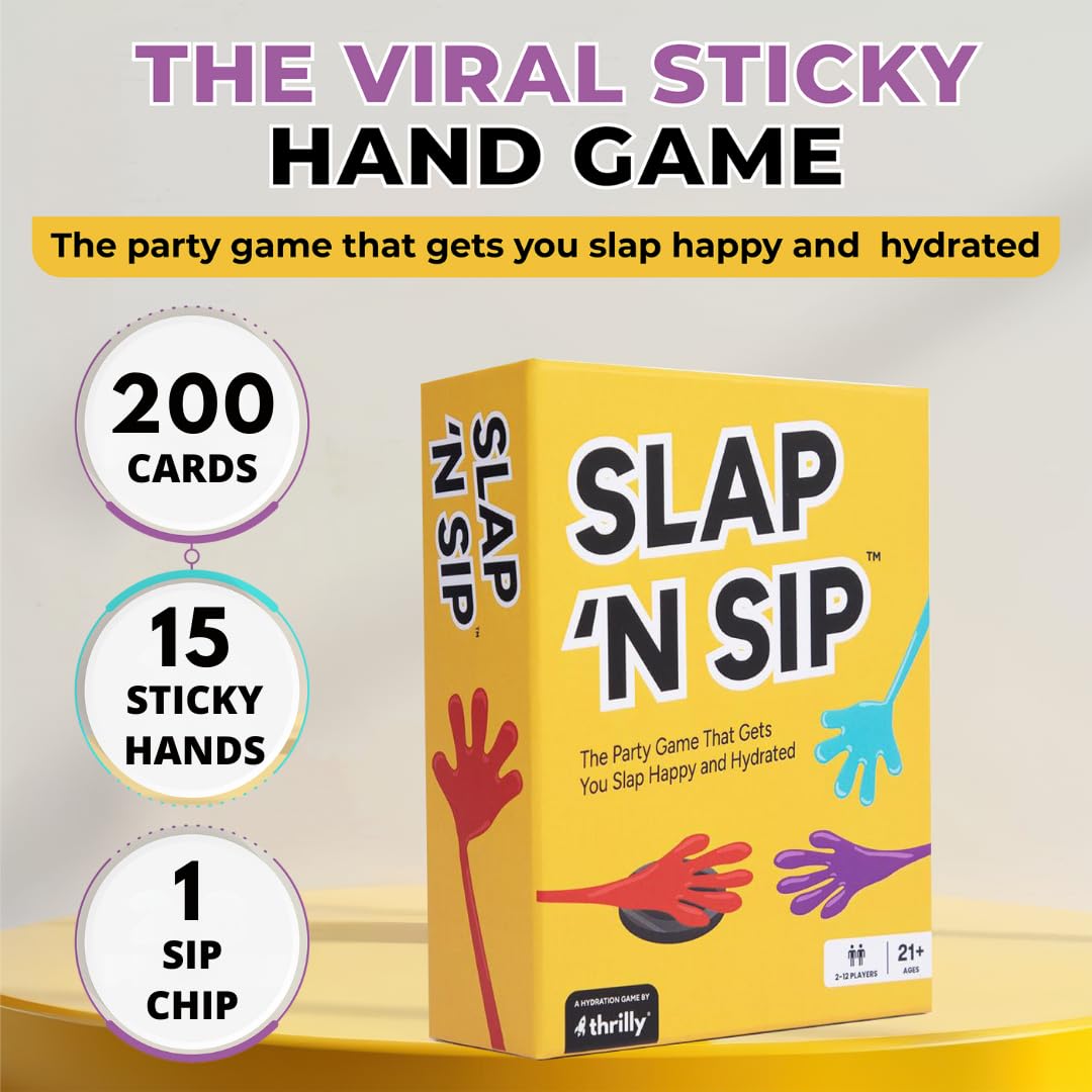 Slap N Sip – A Hilarious Sticky-Hand Drinking Game for Adults | 200 Cards, Sip Chip & 15 Hands