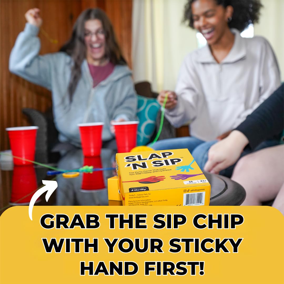 Slap N Sip – A Hilarious Sticky-Hand Drinking Game for Adults | 200 Cards, Sip Chip & 15 Hands
