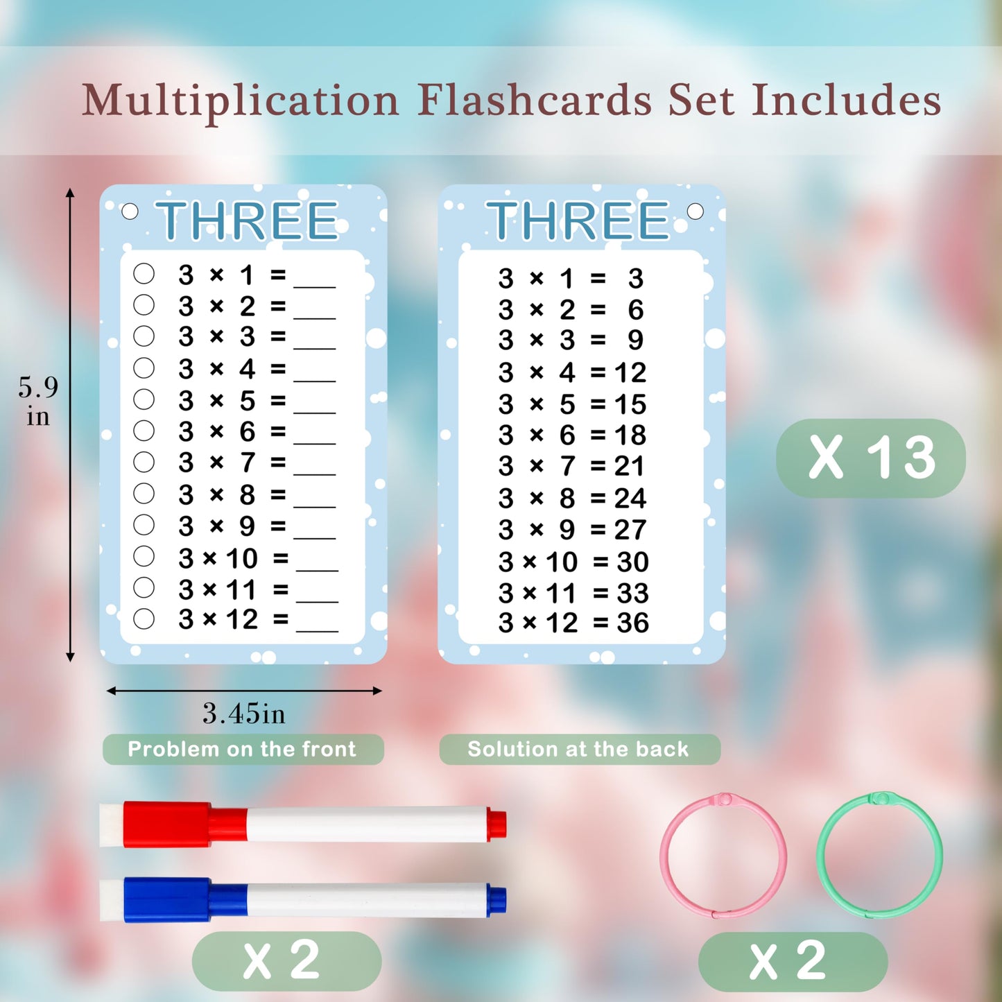 Slapaflife Multiplication Flash Cards 0-12 | 13-Piece Set with Markers & Rings for 1st–3rd Grade