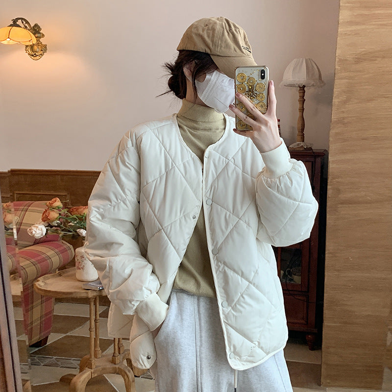 Collarless Rhombic Cotton-Padded Jacket