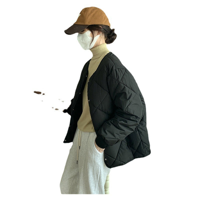 Collarless Rhombic Cotton-Padded Jacket