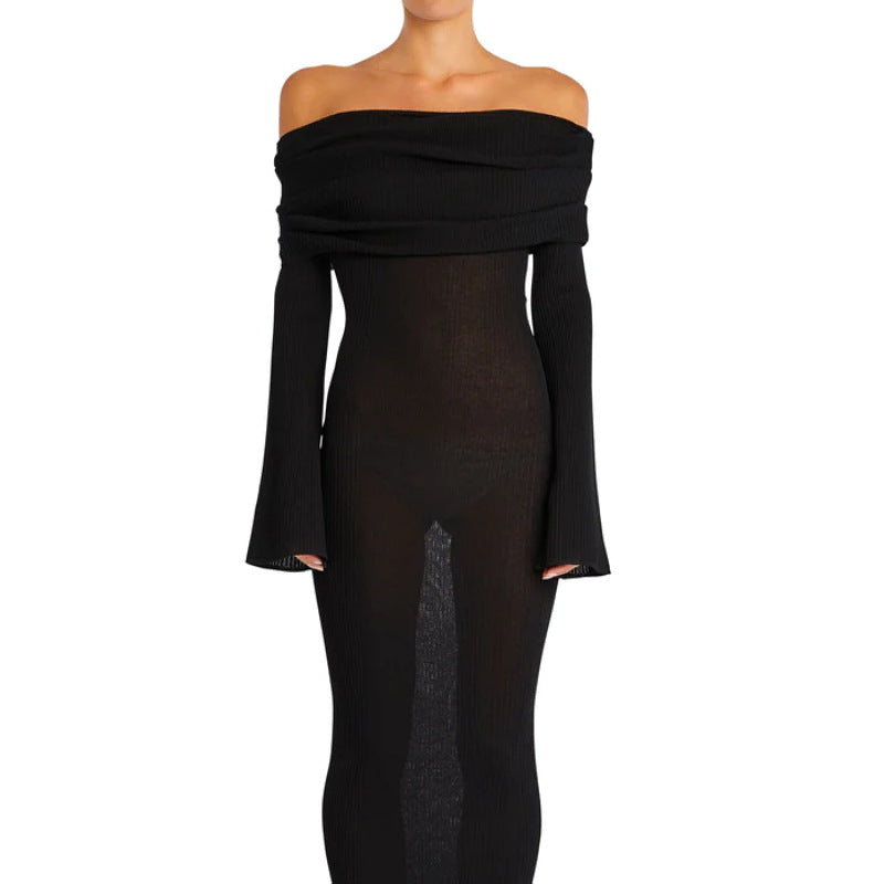 off-shoulder pleated knit dress