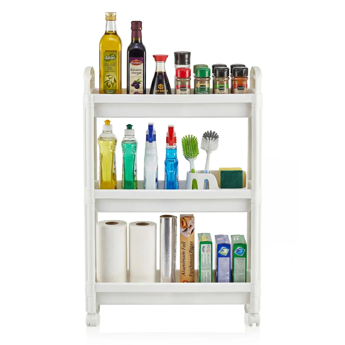Slim Rolling Storage Cart 3-Tier Bathroom Organizer with Handles and Wheels-White