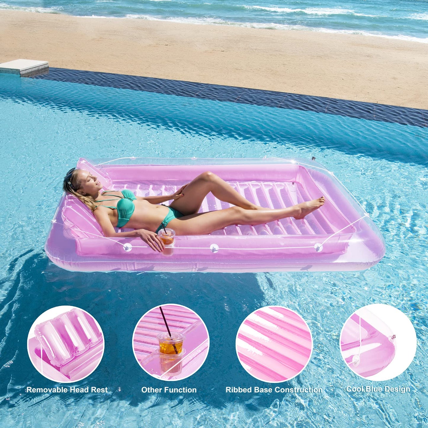 SLLAK Inflatable Pool Floats Lounger for Adults – Pink 85x57 in with Headrest & Drink Pockets