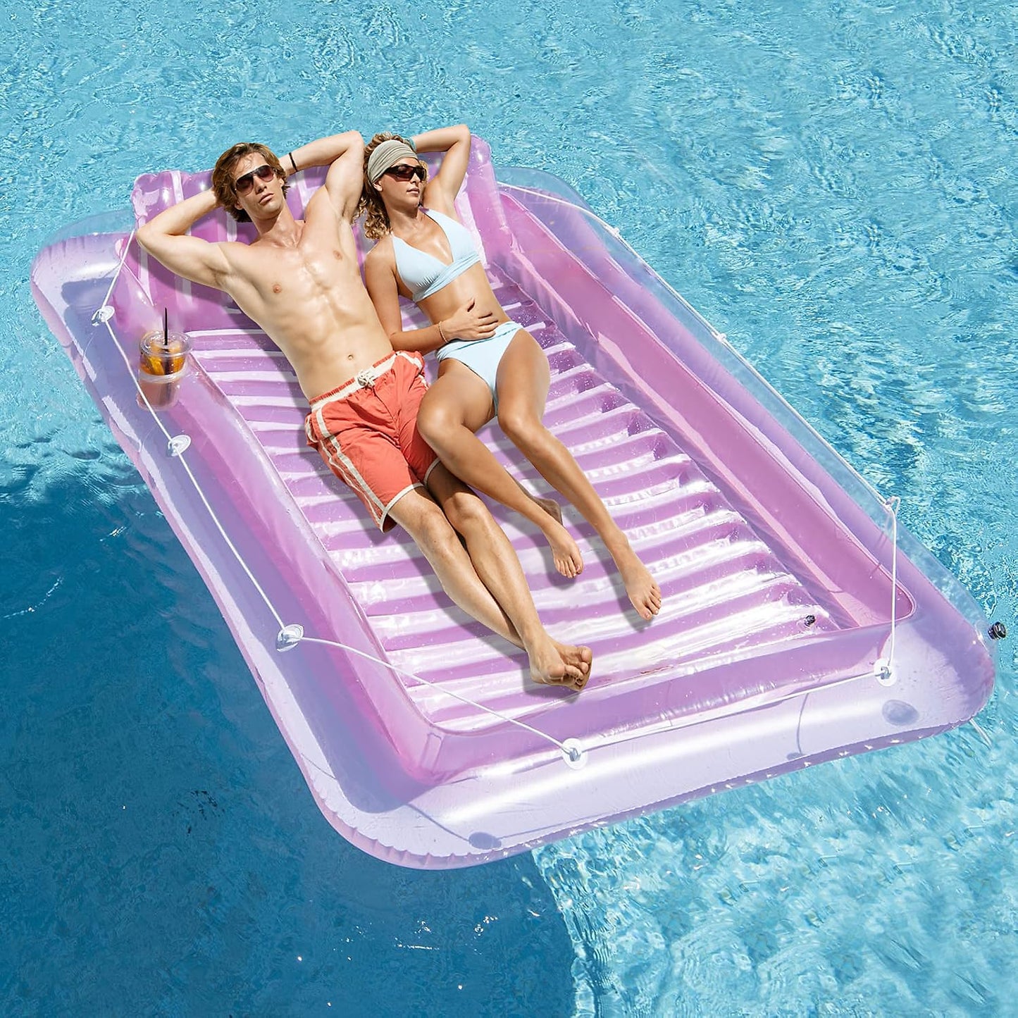 SLLAK Inflatable Pool Floats Lounger for Adults – Pink 85x57 in with Headrest & Drink Pockets