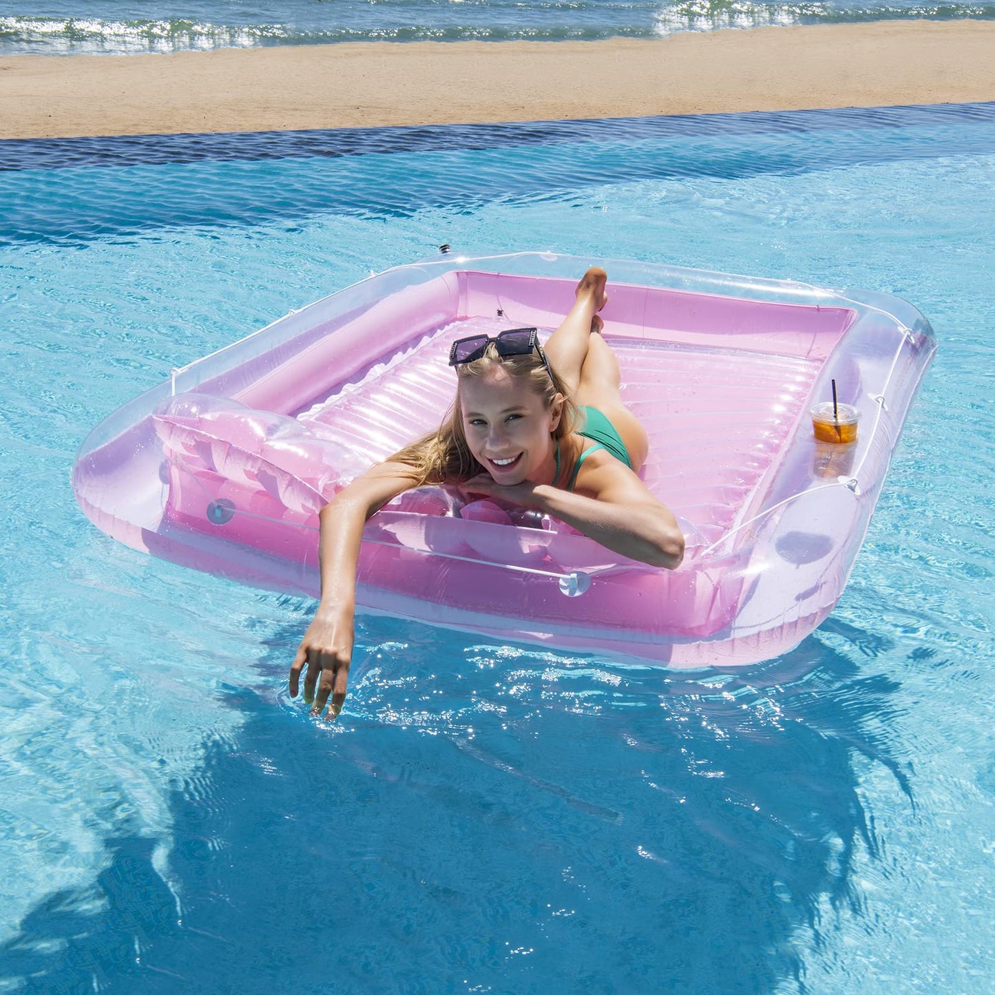 SLLAK Inflatable Pool Floats Lounger for Adults – Pink 85x57 in with Headrest & Drink Pockets