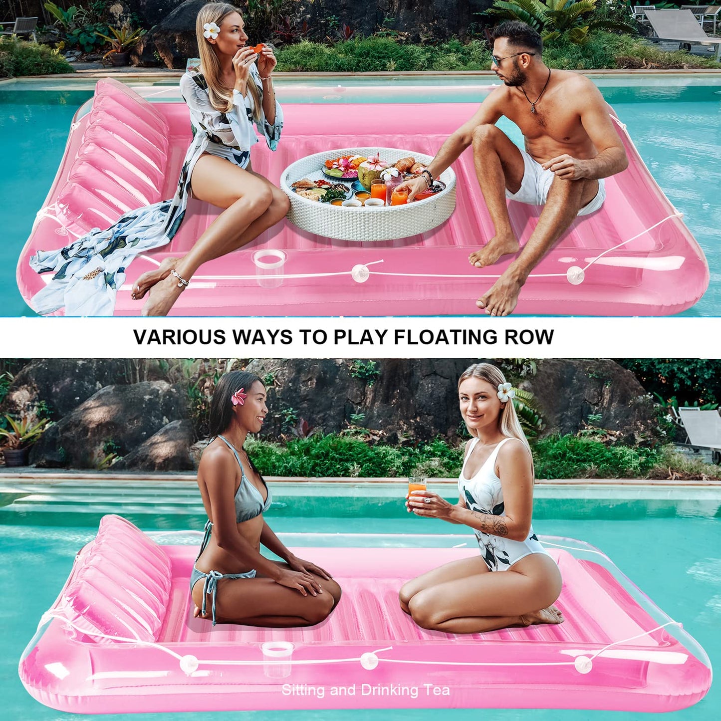 SLLAK Inflatable Pool Floats Lounger for Adults – Pink 85x57 in with Headrest & Drink Pockets
